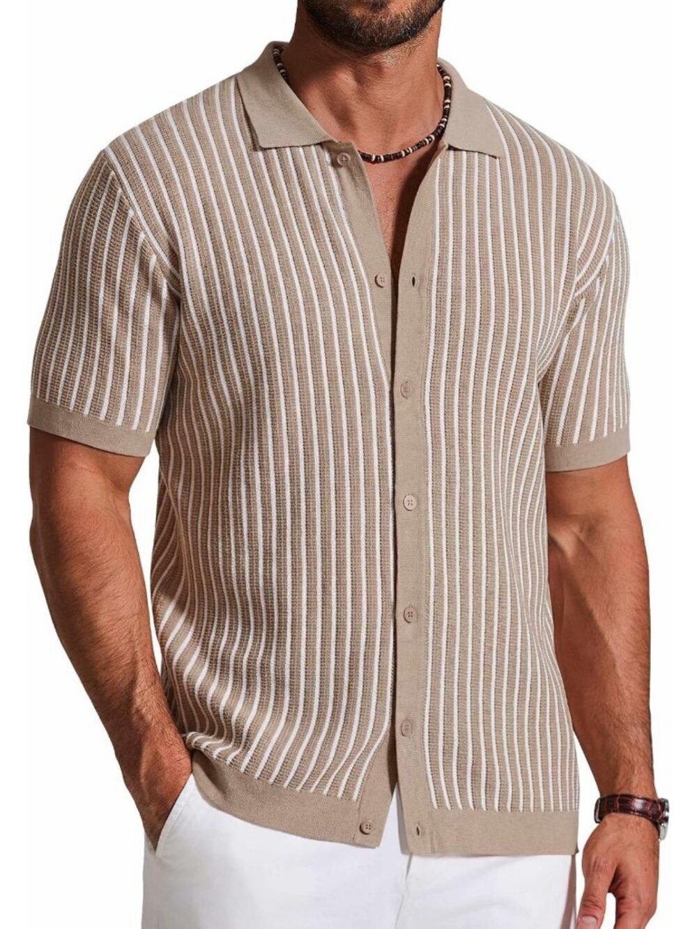 Vintage Striped Knit Polo Shirt for Men | Short Sleeve Casual Button Down Top